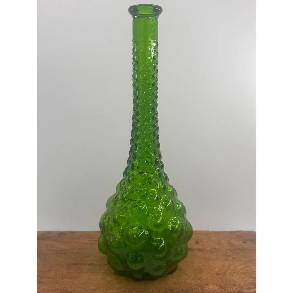 Vintage Green Glass Hobnail Genie Bottle Vase Mid Century Modern Decor 13.5 Inch
